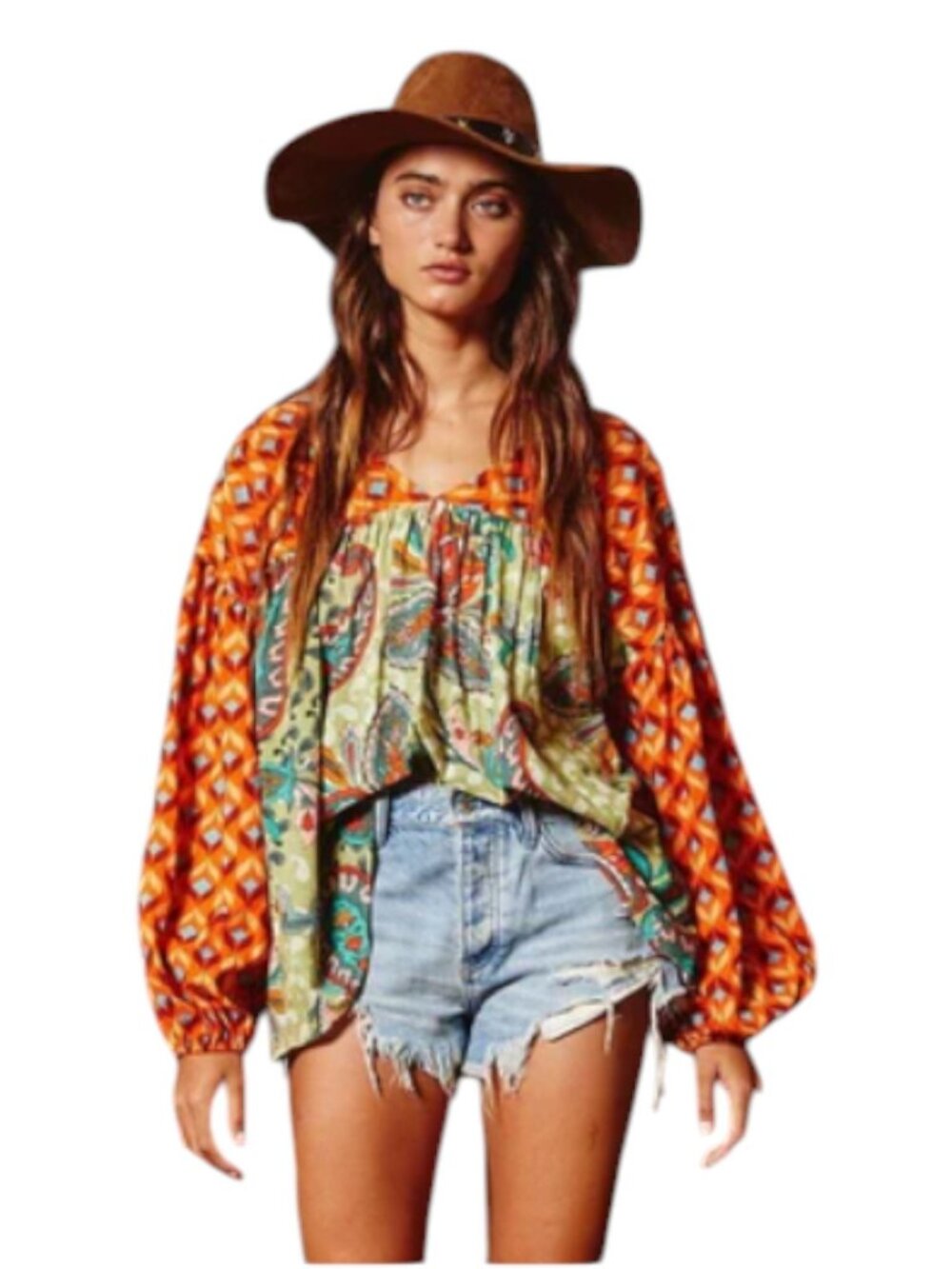 Bucket List Women's V-neck Peasant Top 100% Cotton Balloon Sleeve Sz. Medium